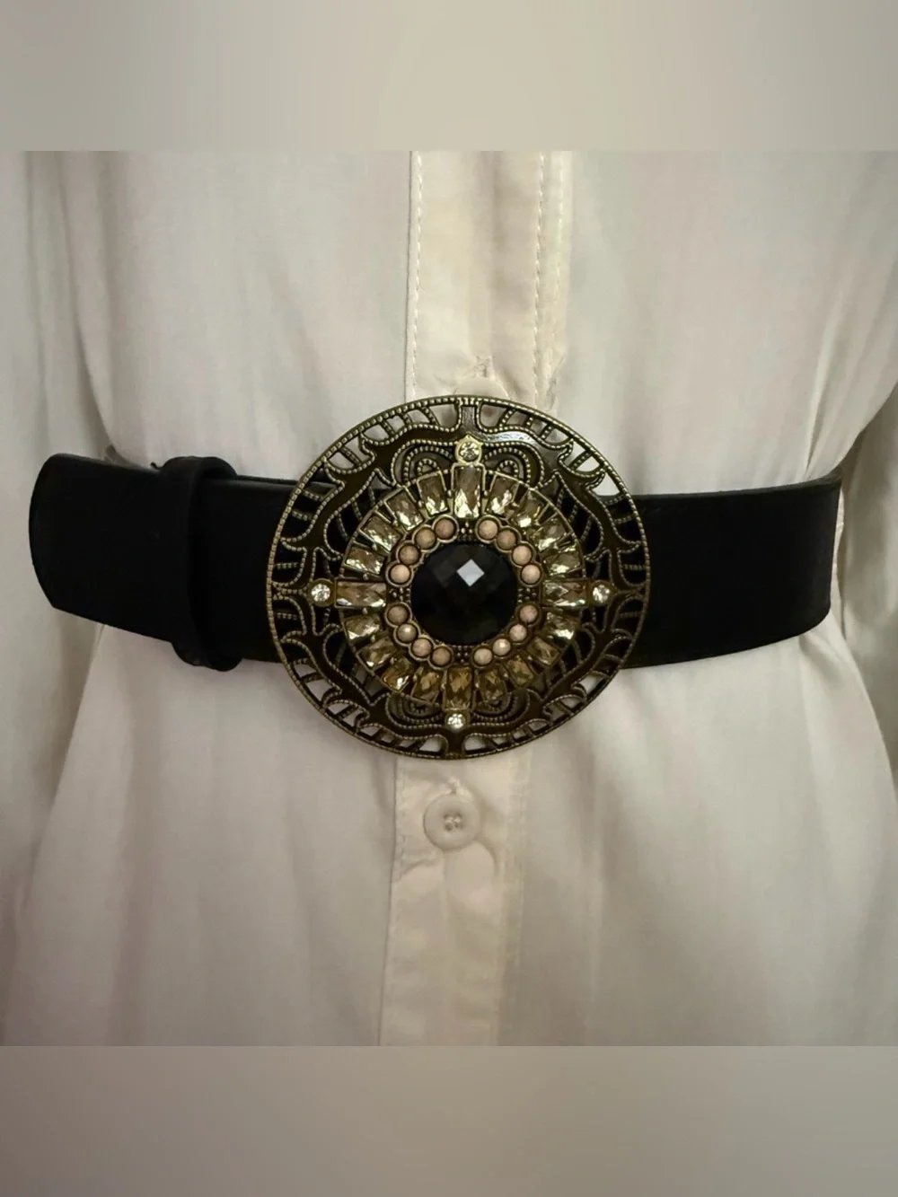 Black distressed PU leather circle buckle elastic waistband skinny belt